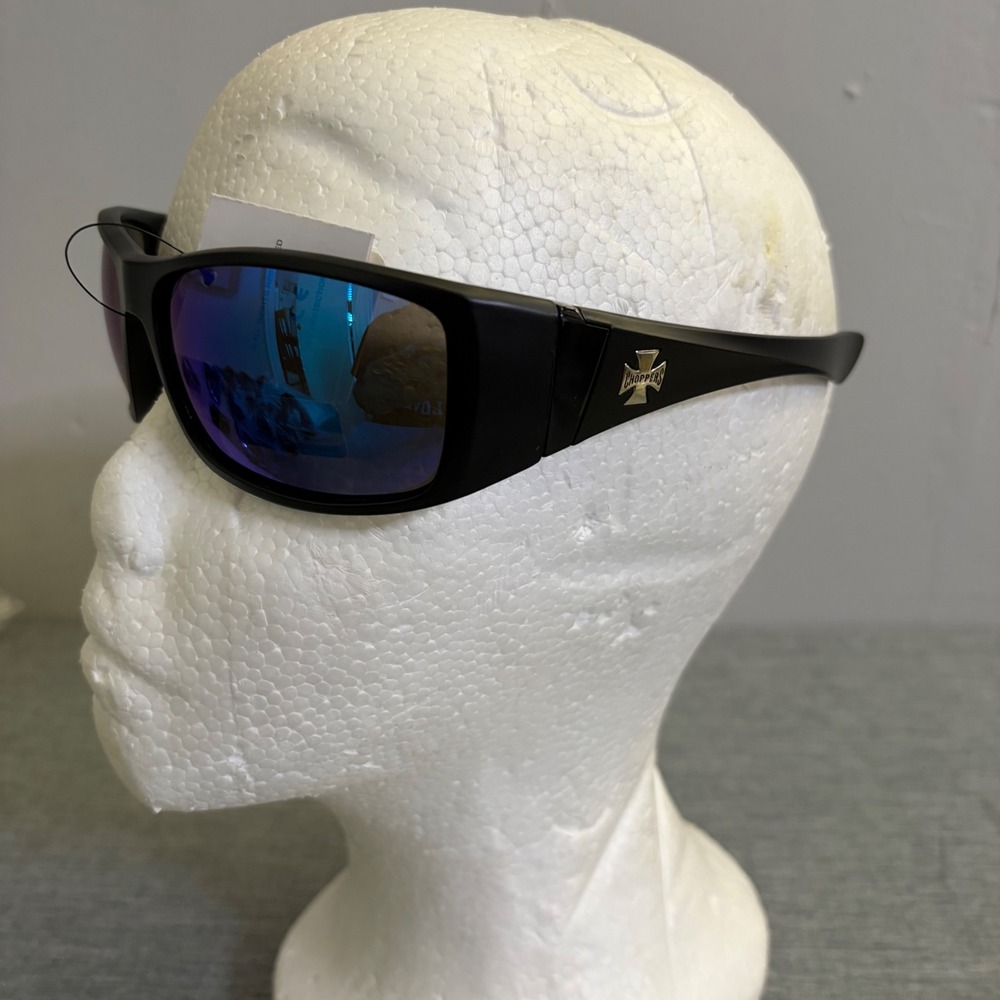 Choppers Sunglasses Mens OS Matte Black Blue Mirror Lens Biker Wrap UV400 Cross‎